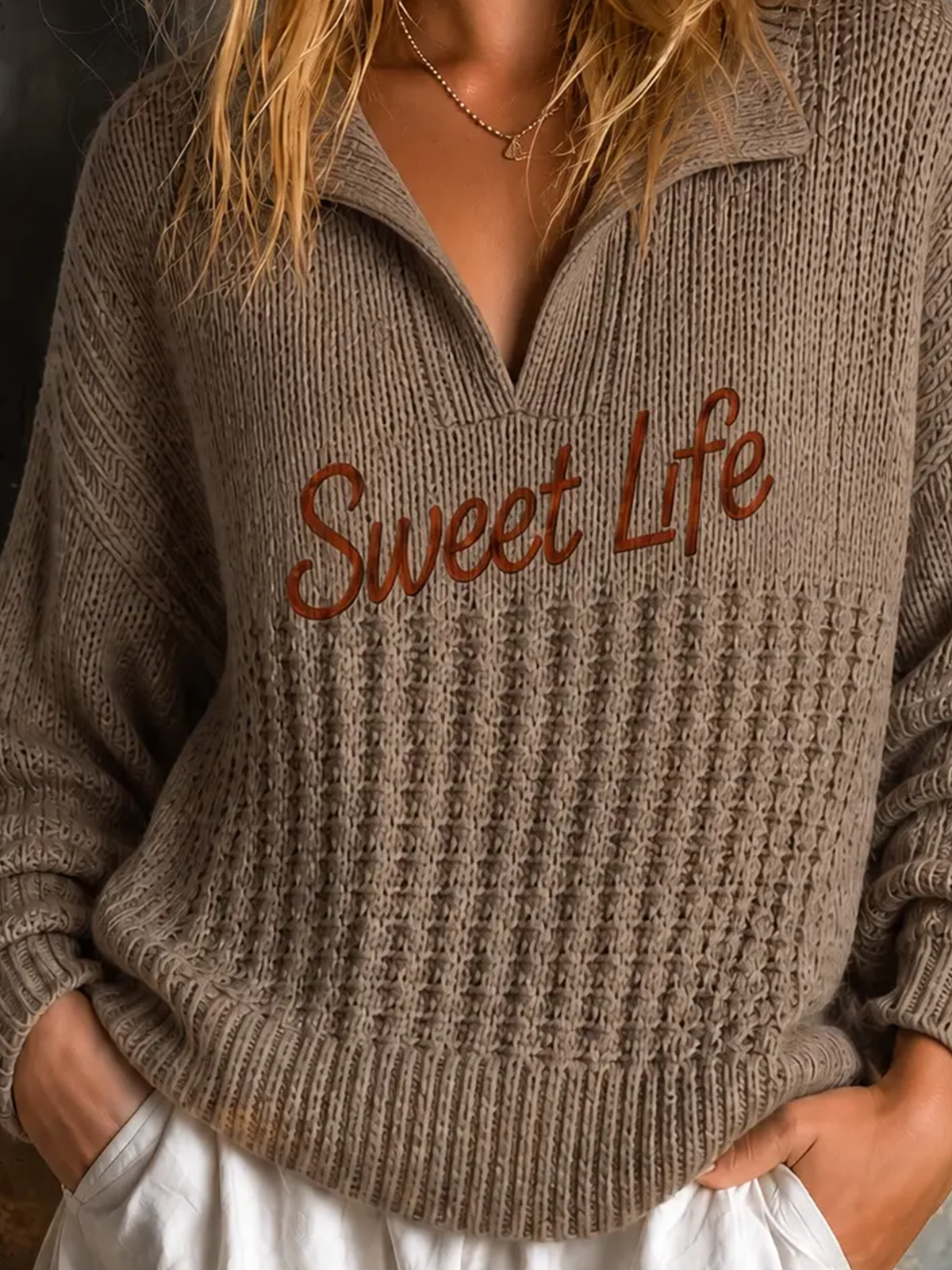 ElevenOra Chic Casual Taupe Brown Lapel-Collar V-Neck Script Embroidery Long Sleeve Loose-Fit Knit Sweater Top