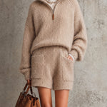 ElevenOra Chic Oatmeal Color Half Zip Stand Collar Long Sleeve Loose-Fit Sweater Straight-Leg Pocket Details Shorts Two Piece Set