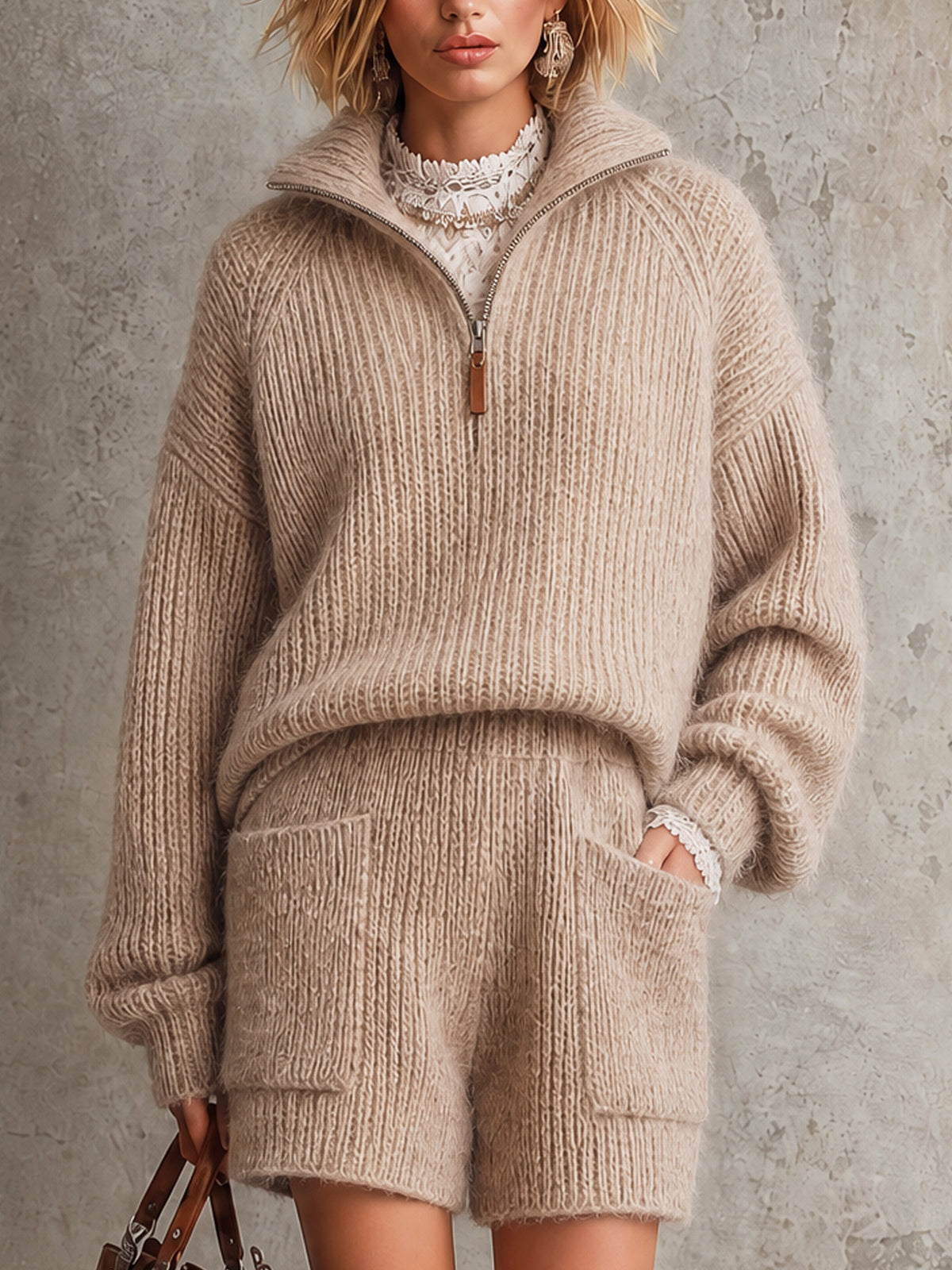 ElevenOra Chic Oatmeal Color Half Zip Stand Collar Long Sleeve Loose-Fit Sweater Straight-Leg Pocket Details Shorts Two Piece Set