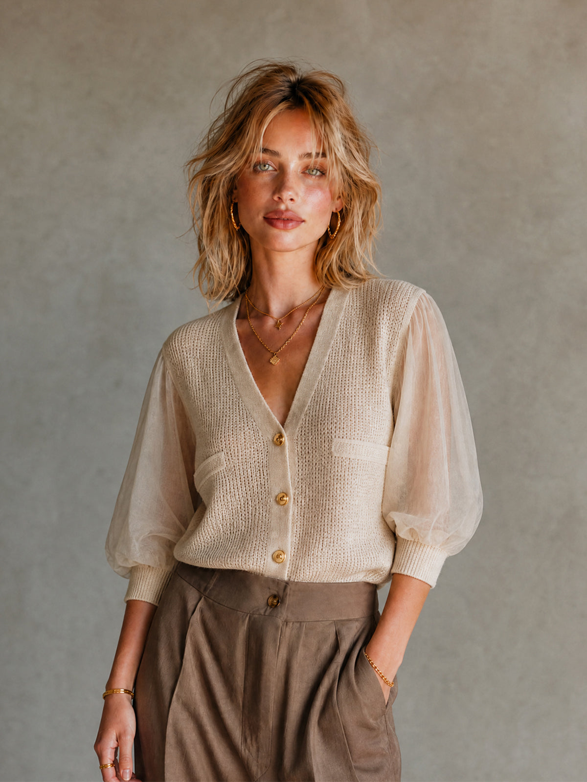 ElevenOra Elegant Beige Chiffon Patchwork V-Neck Knit Single-Breasted Half Puff Sleeve Mesh Regular-Fit Sweater Top