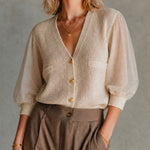 ElevenOra Elegant Beige Chiffon Patchwork V-Neck Knit Single-Breasted Half Puff Sleeve Mesh Regular-Fit Sweater Top