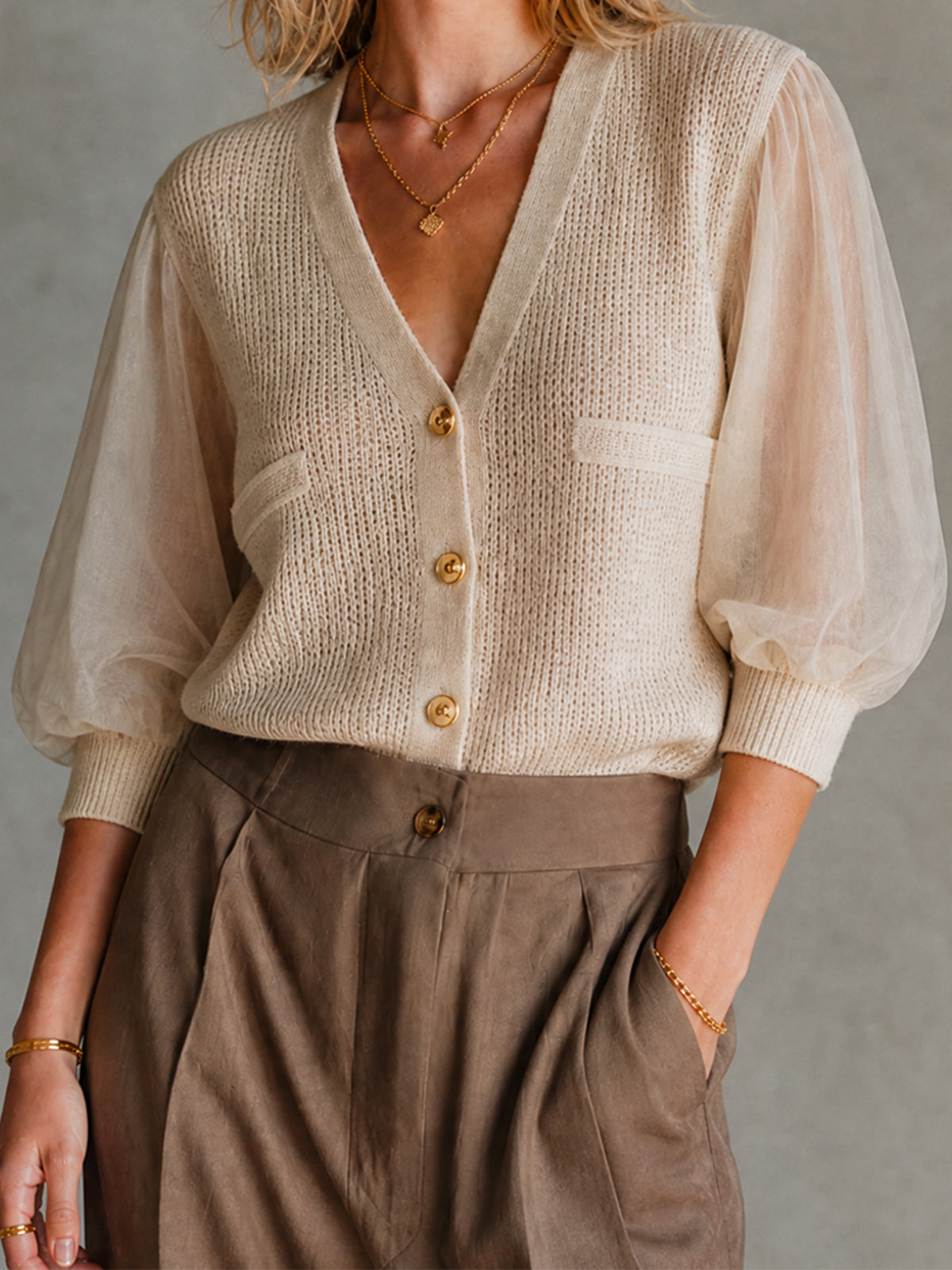 ElevenOra Elegant Beige Chiffon Patchwork V-Neck Knit Single-Breasted Half Puff Sleeve Mesh Regular-Fit Sweater Top