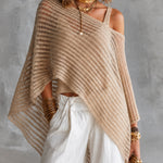 ElevenOra Chic Beige U-Neck Tank Top Off-Shoulder Poncho Asymmetrical Hem Loose-Fit Mesh Sweater Two Piece Set