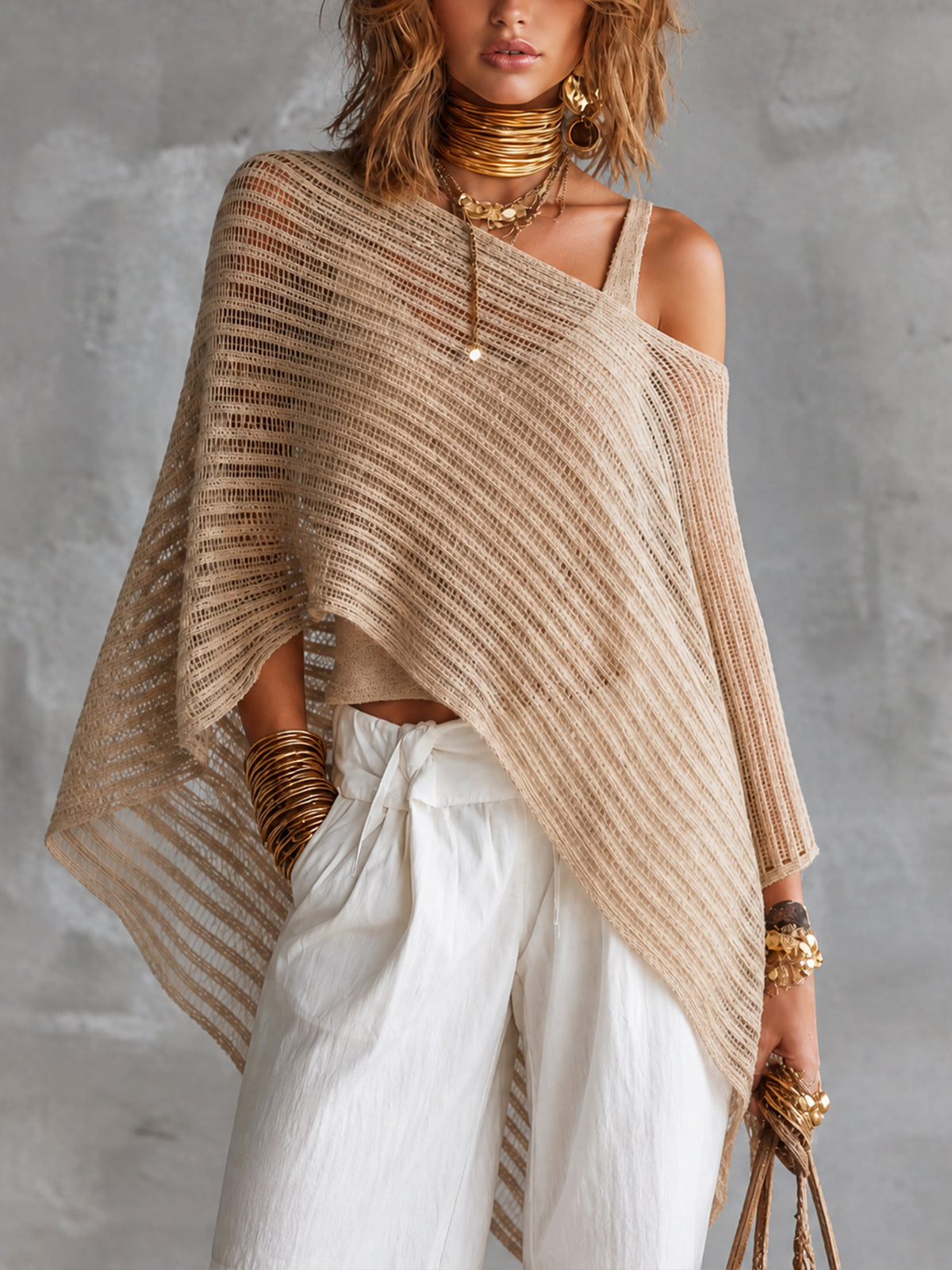 ElevenOra Chic Beige U-Neck Tank Top Off-Shoulder Poncho Asymmetrical Hem Loose-Fit Mesh Sweater Two Piece Set