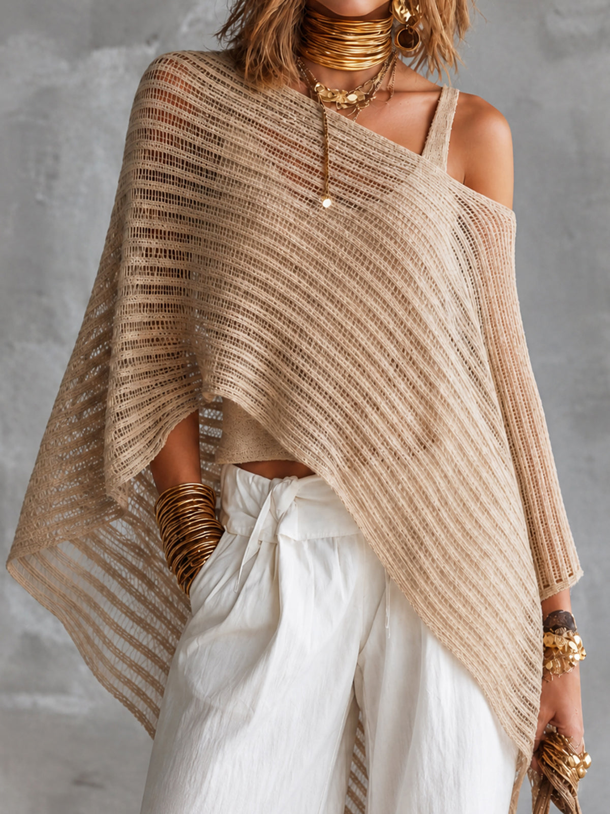 ElevenOra Chic Beige U-Neck Tank Top Off-Shoulder Poncho Asymmetrical Hem Loose-Fit Mesh Sweater Two Piece Set