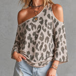 ElevenOra Chic Beige-Dark Grey Leopard Printed Patterns Asymmetric Cold Shoulder Three Quarter Flare Sleeve Loose-Fit Knit Top