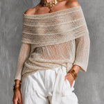 ElevenOra Chic Beige Off Shoulder Three-Quarter Sleeves Loose Fit Mesh Knit Top