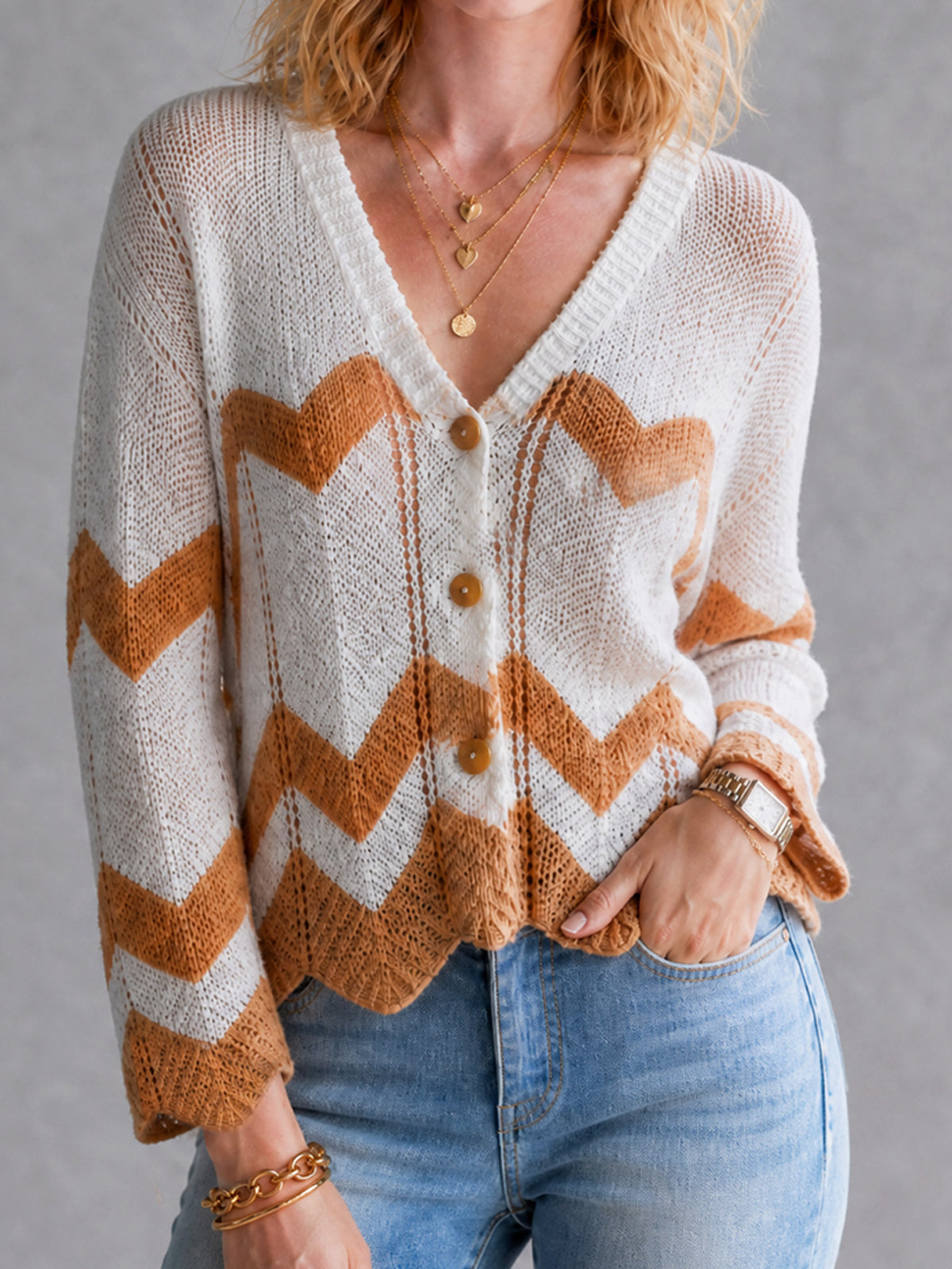 ElevenOra Chic White-Caramel Colorblock Chevron Stripes V-Neck Single-Breasted Three-Quarter Bell Sleeves Loose-Fit Mesh Knit Cardigan Top