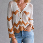ElevenOra Chic White-Caramel Colorblock Chevron Stripes V-Neck Single-Breasted Three-Quarter Bell Sleeves Loose-Fit Mesh Knit Cardigan Top