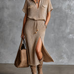 ElevenOra Chic Taupe Lapel Collar V-Neck Short Sleeve Loose Bead Drawstring Slit Detail Ribbed Knit Maxi Dress