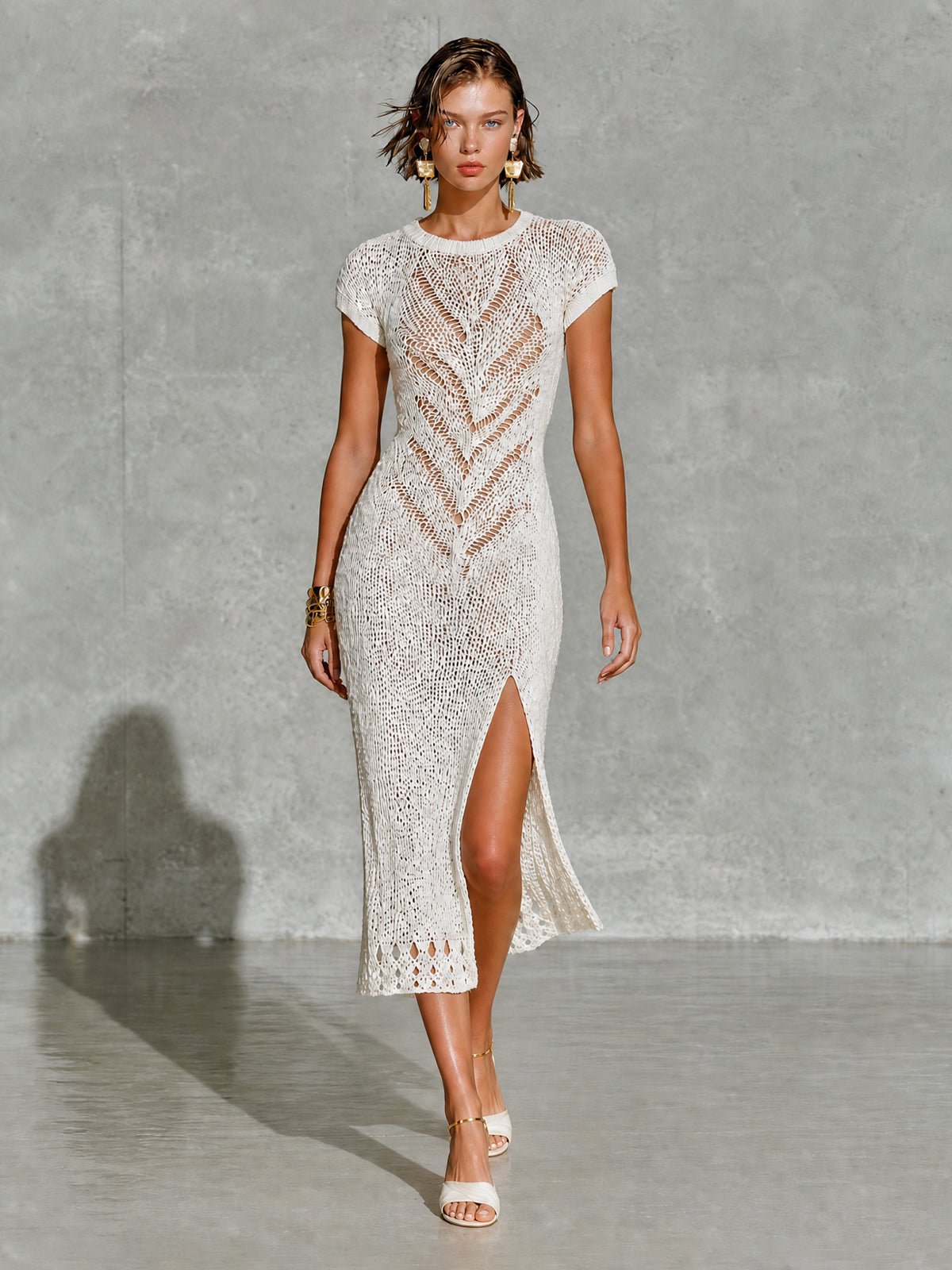 ElevenOra Chic White Round Neck Raglan Half Sleeve Slit Detail Slim-Fit Hollow Chevron Knit Midi Dress