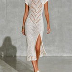 ElevenOra Chic White Round Neck Raglan Half Sleeve Slit Detail Slim-Fit Hollow Chevron Knit Midi Dress