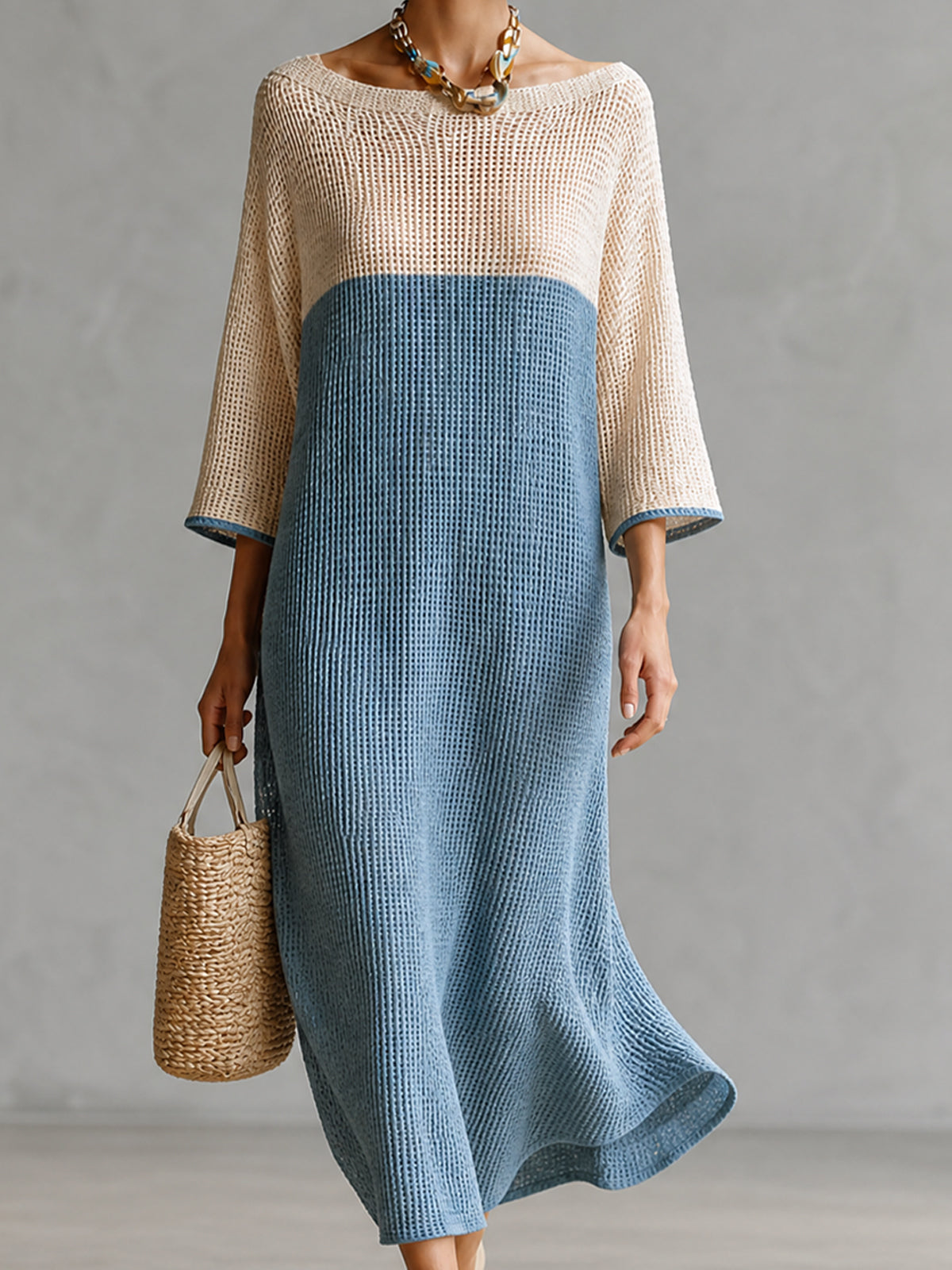 ElevenOra Chic Beige-Blue Colorblock Boat Neck Three Quarter Sleeve Loose-Fit Hollow Knit Maxi Dress