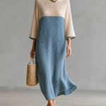 ElevenOra Chic Beige-Blue Colorblock Boat Neck Three Quarter Sleeve Loose-Fit Hollow Knit Maxi Dress