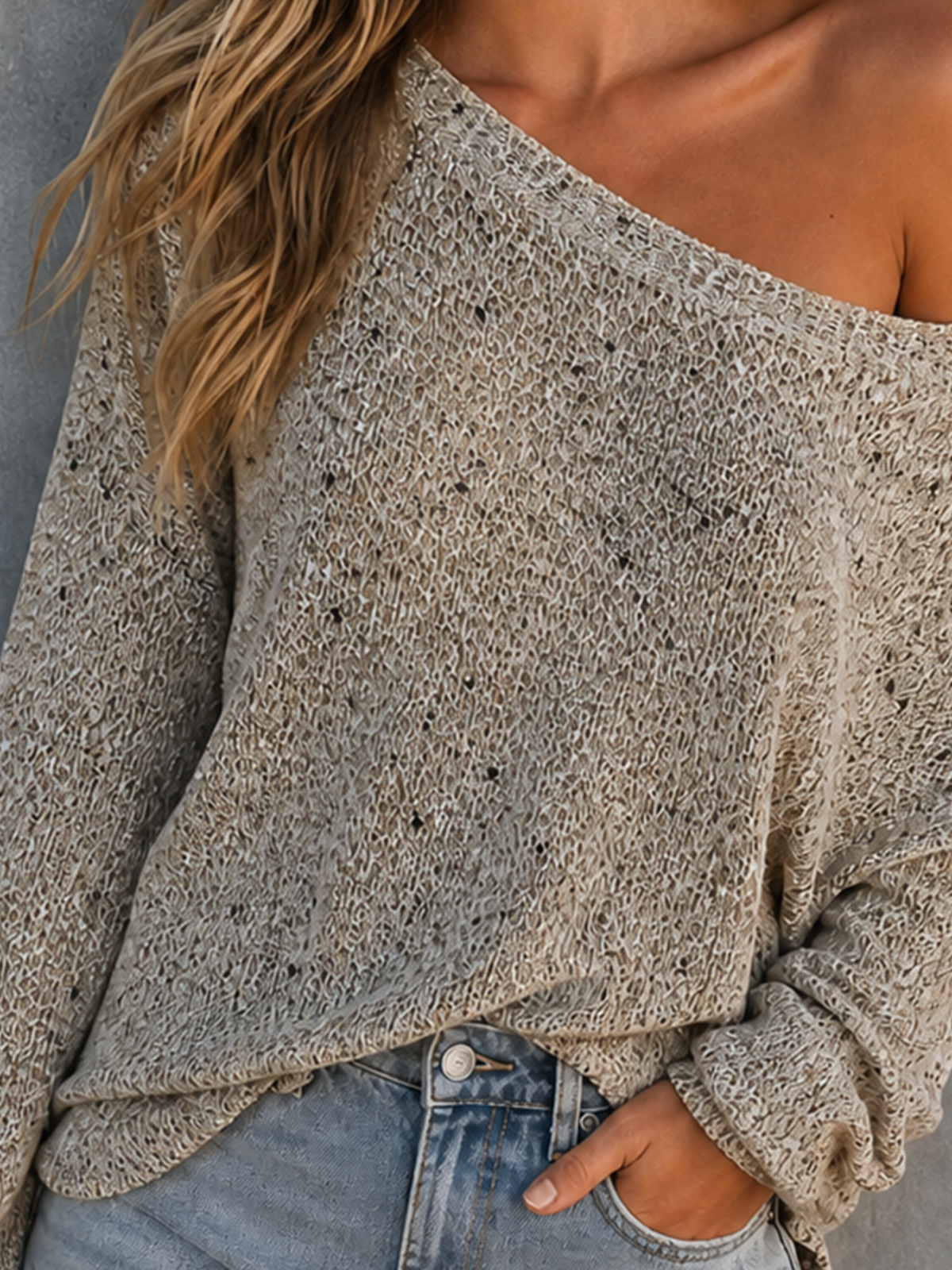 ElevenOra Chic Casual Oatmeal Off‑the‑Shoulder Heather Speckled Mesh Long Sleeve Loose-Fit Knit Sweater Top
