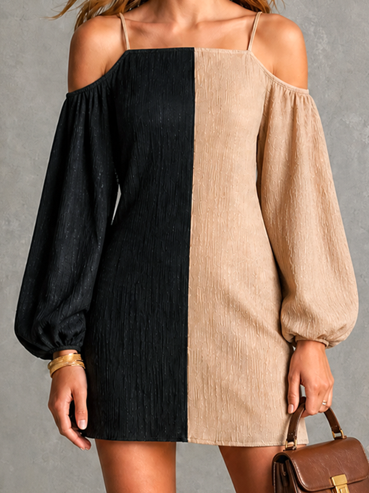 ElevenOra Chic Elegant Black- Oatmeal Colorblock Spaghetti Straps Cold Shoulder Balloon Long Sleeve Loose-Fit Crinkle Chiffon Mini Dress