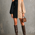 ElevenOra Chic Elegant Black- Oatmeal Colorblock Spaghetti Straps Cold Shoulder Balloon Long Sleeve Loose-Fit Crinkle Chiffon Mini Dress