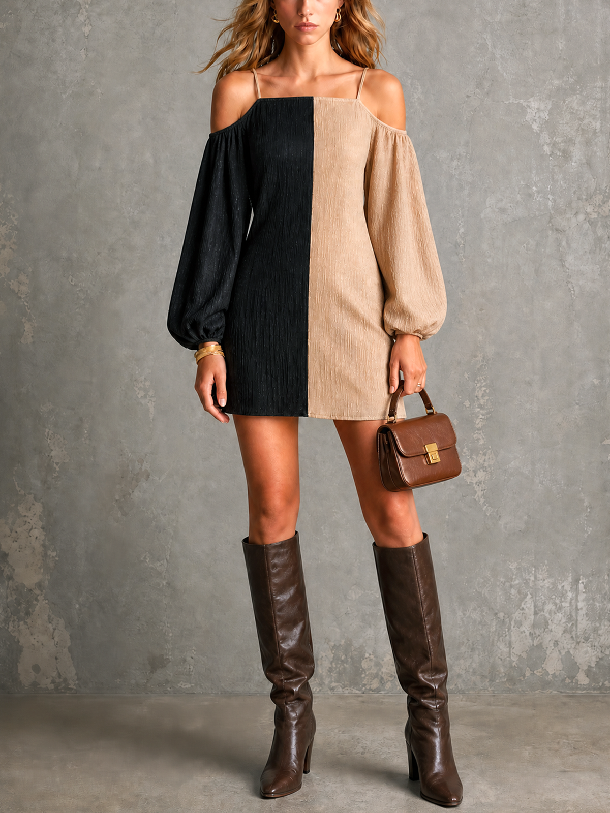 ElevenOra Chic Elegant Black- Oatmeal Colorblock Spaghetti Straps Cold Shoulder Balloon Long Sleeve Loose-Fit Crinkle Chiffon Mini Dress