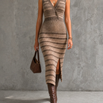 ElevenOra Chic Elegant Brown-Oatmeal Stripe V-Neck Button Detail Sleeveless Slim-Fit Side Slit Knit Midi Dress