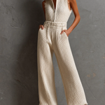 ElevenOra Chic Elegant Cream White Stand Collar Half Zip Frayed Edge Sleeveless Elastic-Waist Loose-Fit Knit Jumpsuit