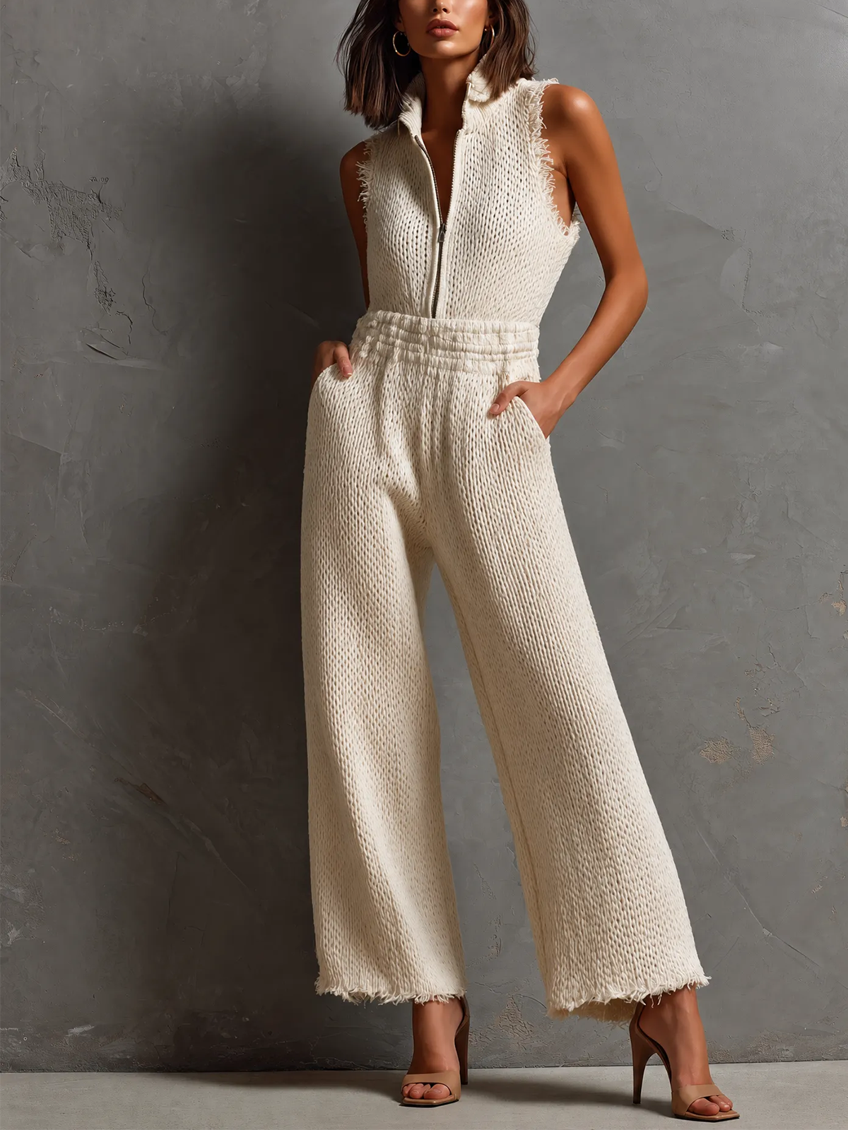 ElevenOra Chic Elegant Cream White Stand Collar Half Zip Frayed Edge Sleeveless Elastic-Waist Loose-Fit Knit Jumpsuit
