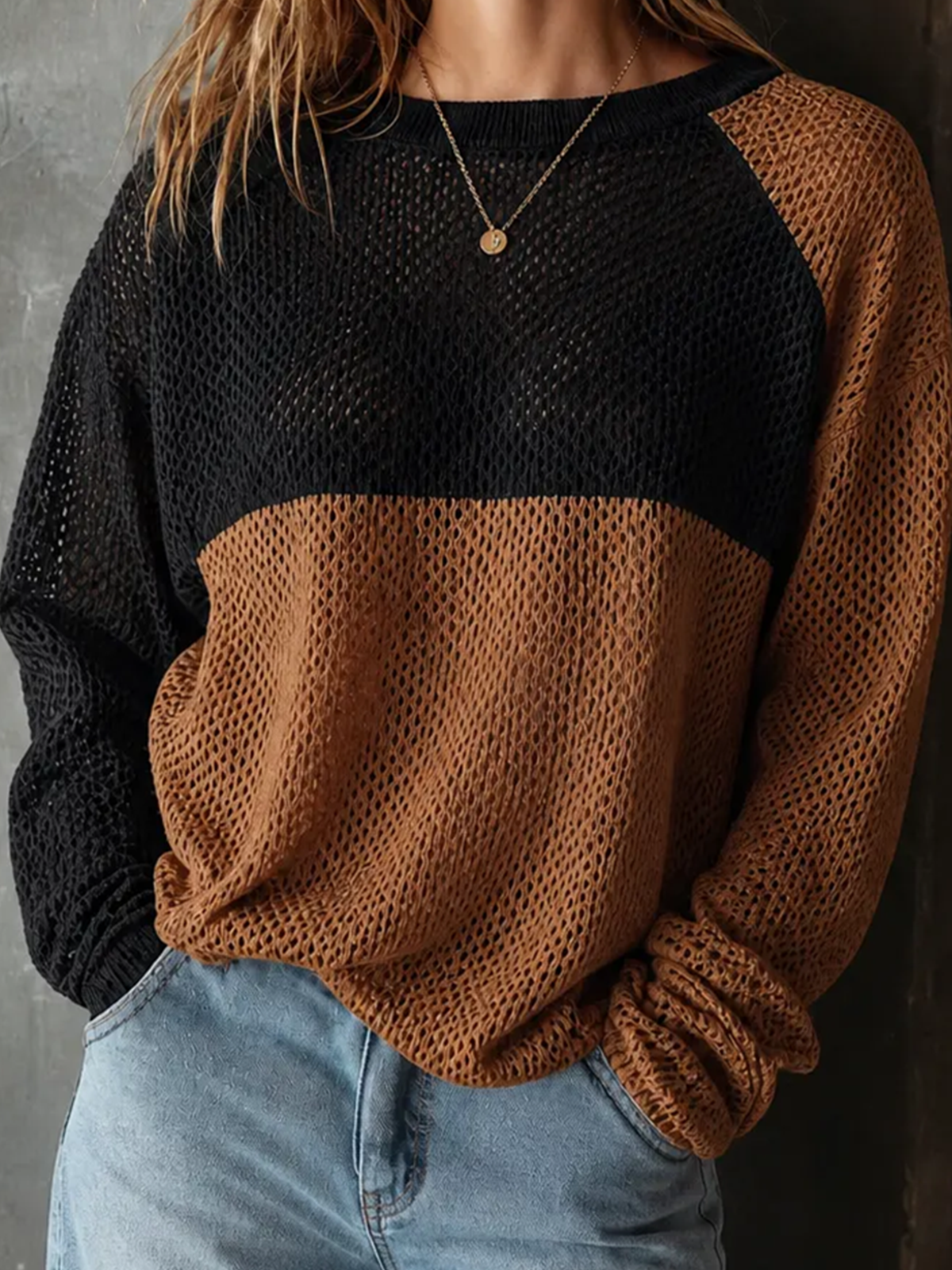 ElevenOra Chic Casual Black-Brown Colorblock Round Neck Long Sleeve Loose-Fit Mesh Knit Sweater Top
