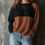 ElevenOra Chic Casual Black-Brown Colorblock Round Neck Long Sleeve Loose-Fit Mesh Knit Sweater Top