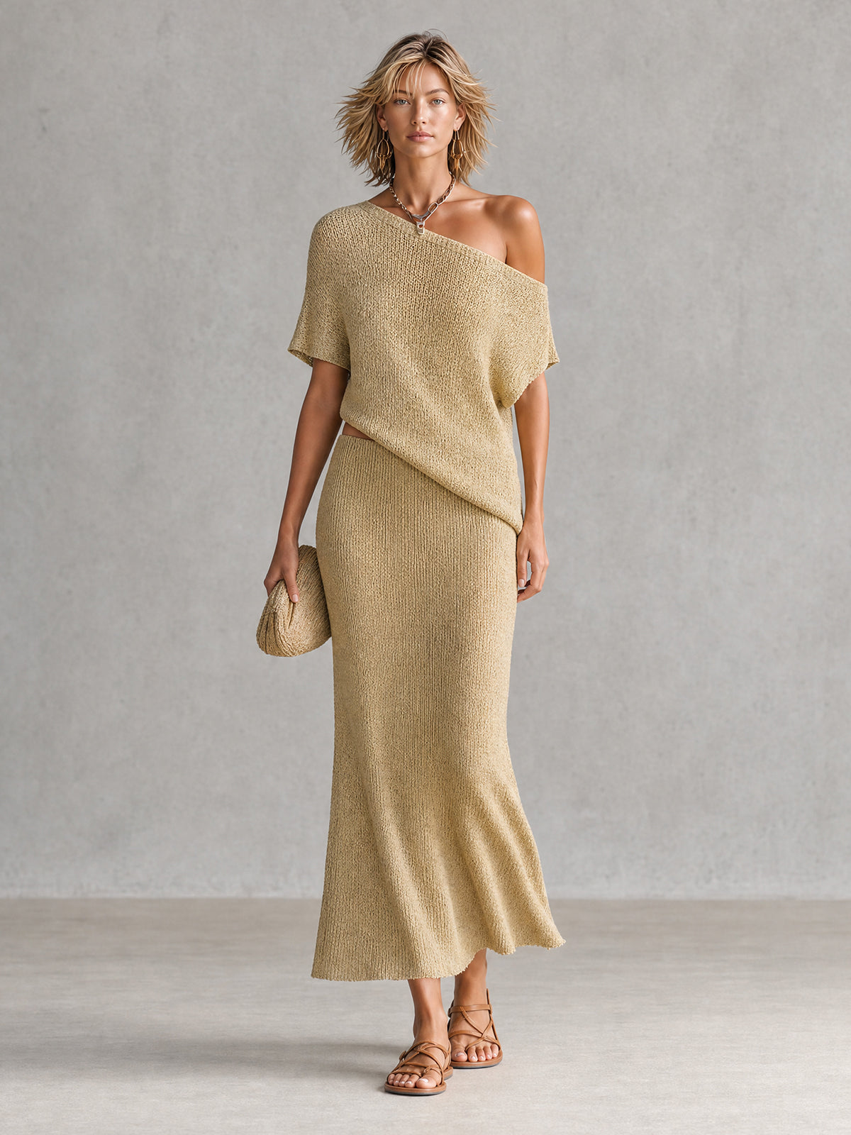 ElevenOra Chic Wheat Beige Asymmetric Off-Shoulder Short Sleeve Loose-Fit Knit Top A-Line Maxi Skirt Kint Two Piece Set
