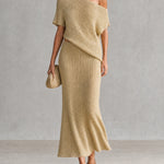 ElevenOra Chic Wheat Beige Asymmetric Off-Shoulder Short Sleeve Loose-Fit Knit Top A-Line Maxi Skirt Kint Two Piece Set