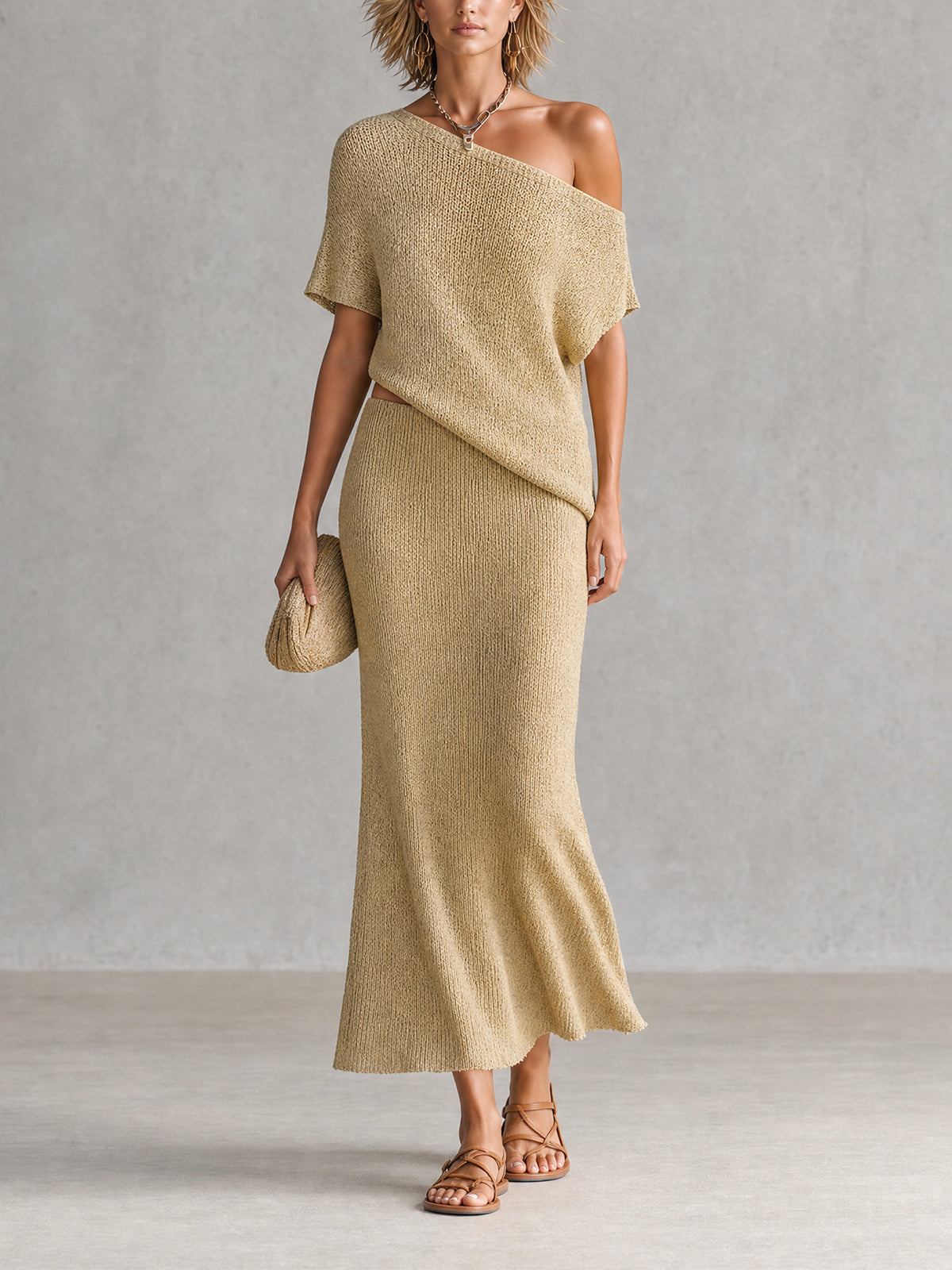 ElevenOra Chic Wheat Beige Asymmetric Off-Shoulder Short Sleeve Loose-Fit Knit Top A-Line Maxi Skirt Kint Two Piece Set