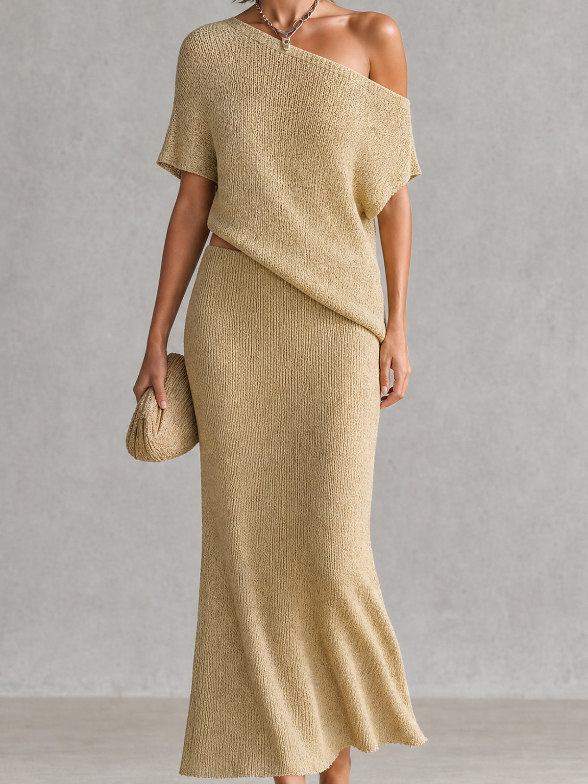 ElevenOra Chic Wheat Beige Asymmetric Off-Shoulder Short Sleeve Loose-Fit Knit Top A-Line Maxi Skirt Kint Two Piece Set