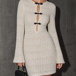 ElevenOra Chic Cream Black Chinese Knot Button Detail Round Neck Long Flare Sleeve Slim-Fit Hollow Knit Mini Dress