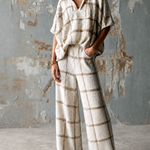 ElevenOra Chic Elegant Off-White-Camel Grid Jacquard Lapel V-Neck Short-Sleeve Loose-Fit Sweater Elastic-Waist Pants Knit Two-Piece Set