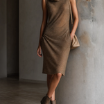 ElevenOra Chic Elegant Taupe Cowl Neck Sleeveless Loose-Fit Knit Midi Dress