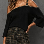 ElevenOra Chic Edgy Black Off-The-Shoulder Asymmetrical Neck Chain Detail Three Quarter Sleeve Loose-Fit Knit Sweater Top