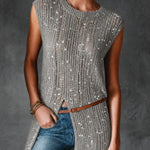 ElevenOra Chic Grey Round Neck Sleeveless Split Detail Loose-Fit Sequin Embellished Knit Vest Top（belt Excluded）