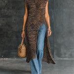ElevenOra Chic Marled Brown Boat Neck Sleeveless Loose-Fit Side Slit Detail Hollow Open Long Knit Vest Top
