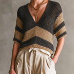 ElevenOra Chic Black-Camel Colorblock Stripes V-Neck Backless Half Sleeve Loose-Fit Knit Sweater Top