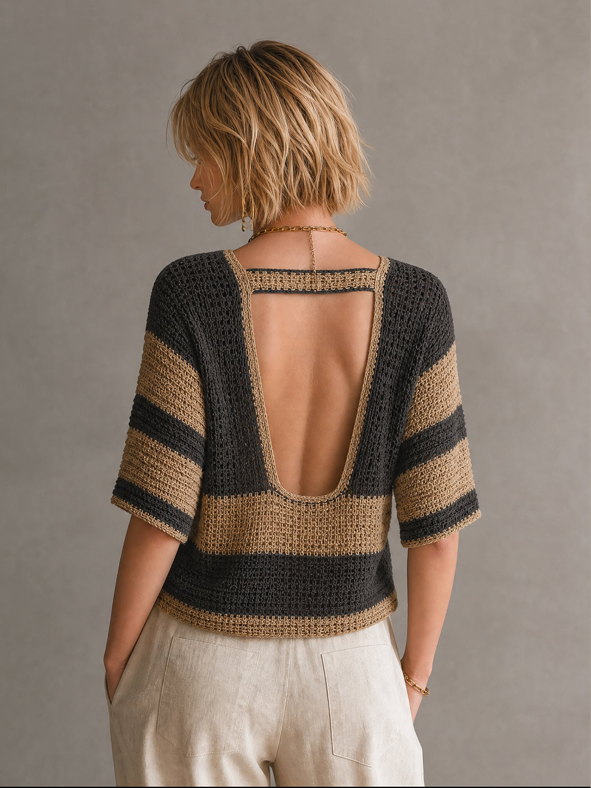 ElevenOra Chic Black-Camel Colorblock Stripes V-Neck Backless Half Sleeve Loose-Fit Knit Sweater Top