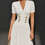 ElevenOra Chic White Round Neck Button Details Short Sleeve Slim-Fit Hollow Textured A-Line Knit Mini Dress