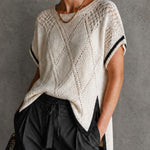 ElevenOra Chic White-Black Colorblock Round Neck Diamond Pattern Short Sleeve Loose-Fit High Low Hem Side Slit Mesh Knit Top