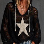 ElevenOra Chic Black-White StarJacquard Hooded Drawstring Tassel Detail Long Sleeve Loose-Fit Mesh Knit Sweater Top