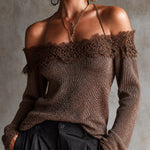 ElevenOra Chic Brown Off-Shoulder Lace Trim Halter Strap Detail Long Sleeve Loose-Fit Knit Sweater Top