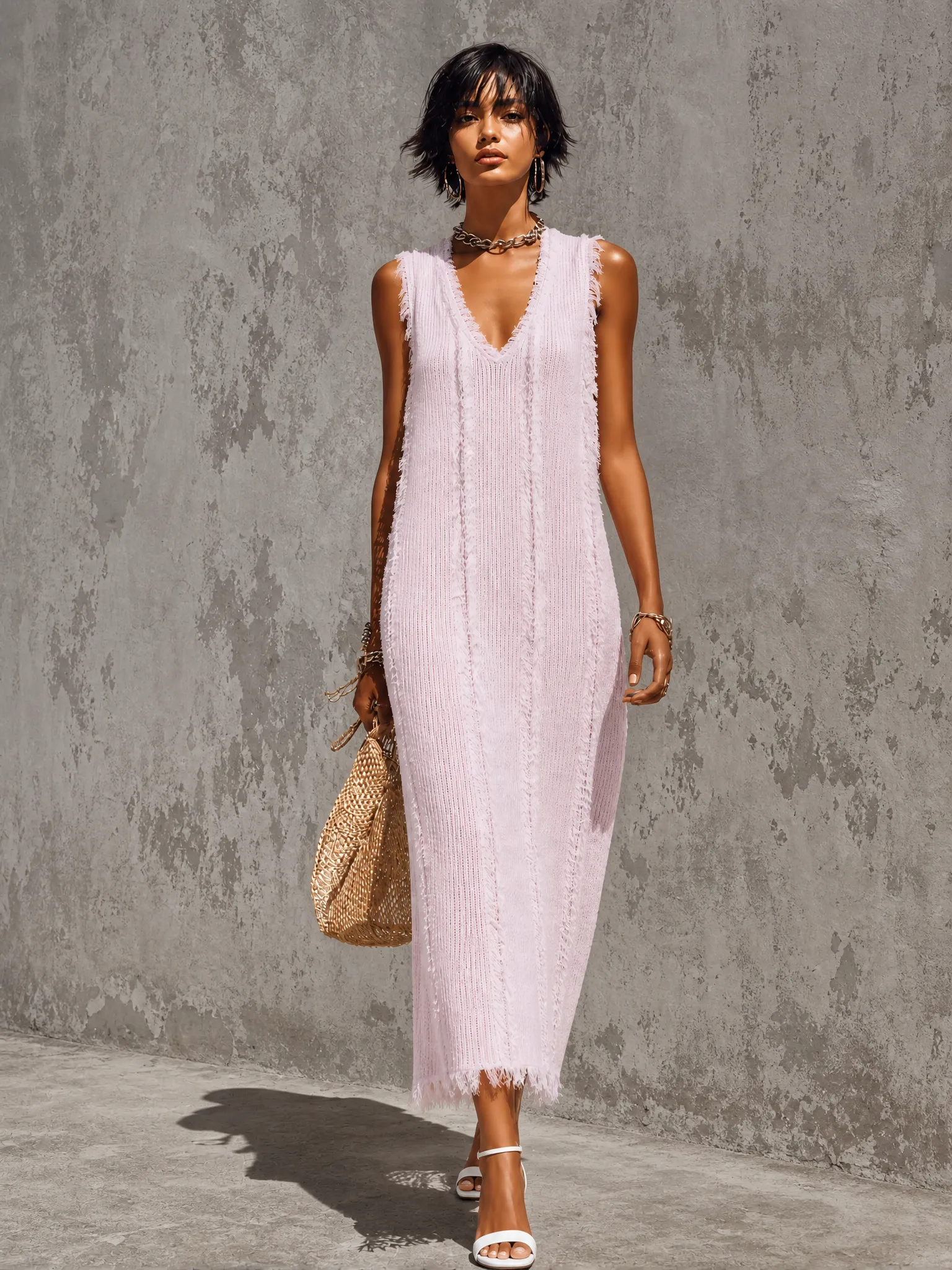 ElevenOra Chic Elegant Pink V-Neck Frayed Raw Edge Sleeveless Loose-Fit Knit Maxi Dress