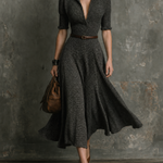 ElevenOra Chic Elegant Charcoal Shawl Collar V-Neck Half Sleeve Waist Belt A-Line Speckled Tweed Midi Dress