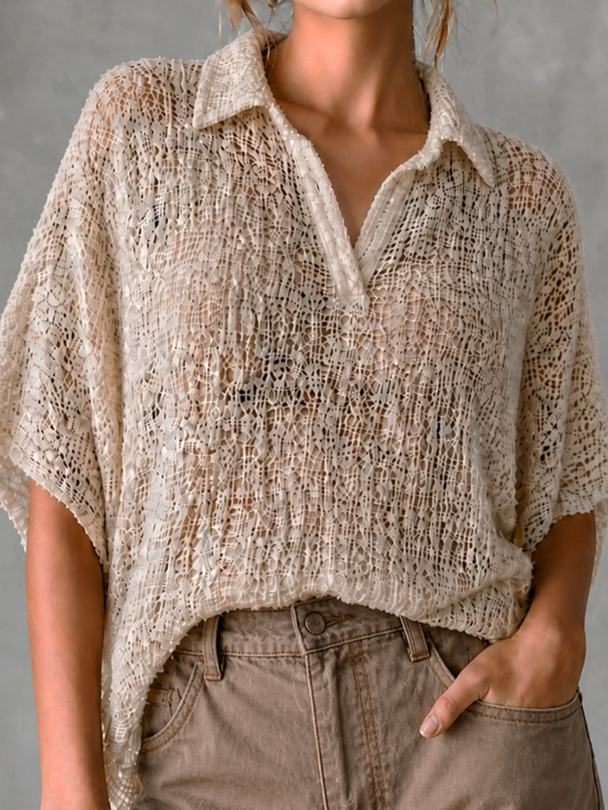 ElevenOra Chic Casual Off-White Lapel-Collar V-Neck Short Sleeve Loose-Fit Mesh Knit Sweater Top