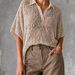 ElevenOra Chic Casual Off-White Lapel-Collar V-Neck Short Sleeve Loose-Fit Mesh Knit Sweater Top