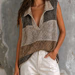 ElevenOra Chic Casual Taupe-Oatmeal-Brown Colorblock Lapel-Collar V-Neck Sleeveless Loose-Fit Knit Vest Top