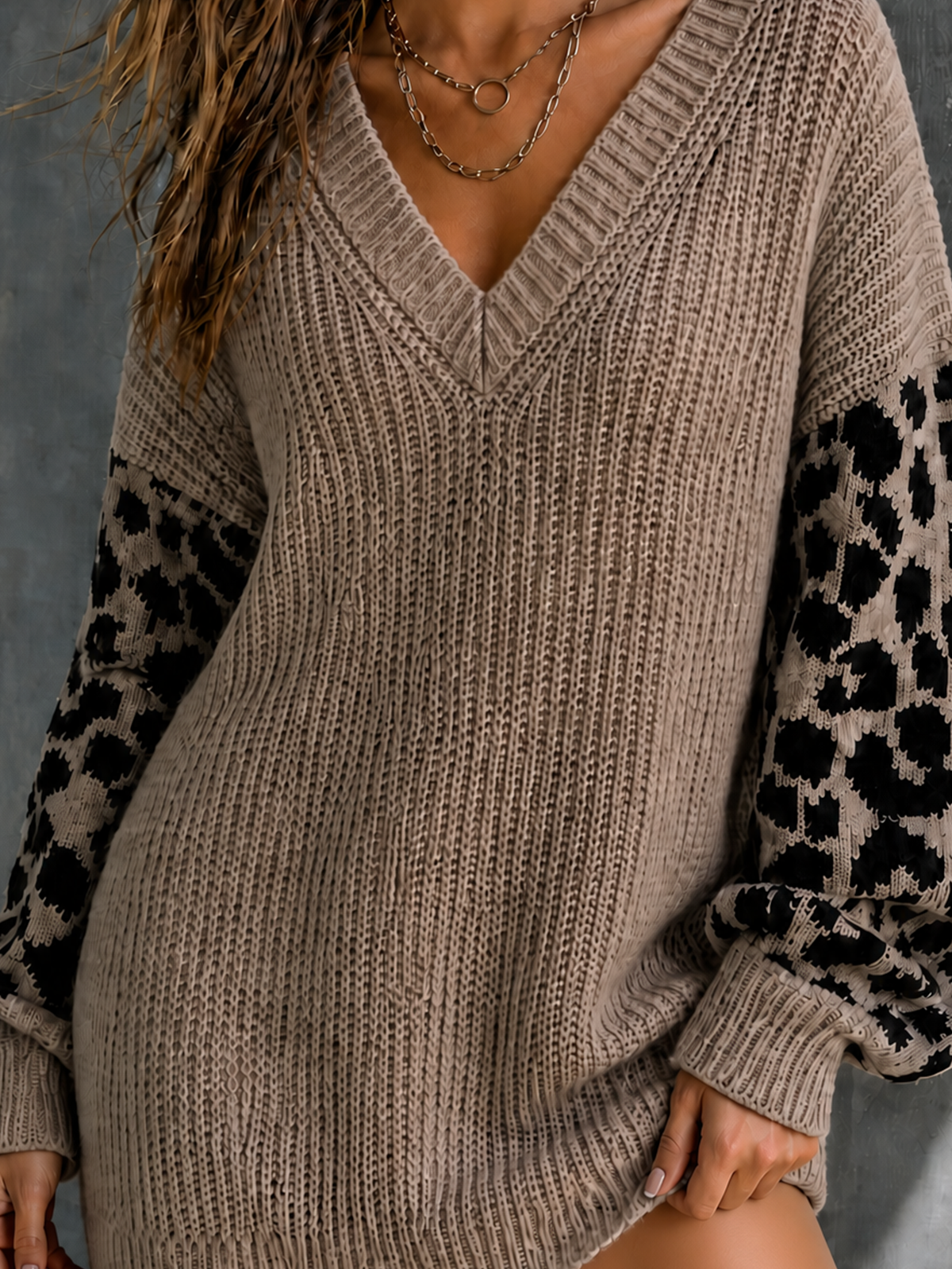 ElevenOra Chic Elegant Light Taupe V-Neck Leopard Jacquard Long Sleeve Loose-Fit Knit Mini Dress