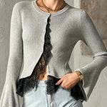 ElevenOra Chic Elegant Gray Round-Neck Single-Breasted Long-Flare-Sleeve Lace Trim Detail Slim-Fit Knit Cardigan